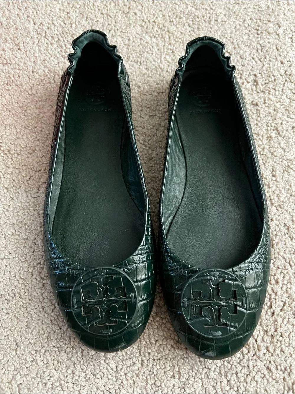Tory Burch Green Croc-Embossed Minnie Travel Ballet Flats